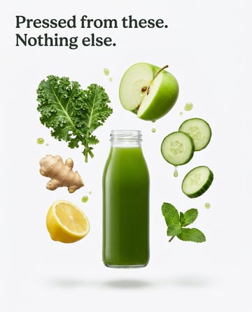Exploded view: a green juice bottle and its ingredients