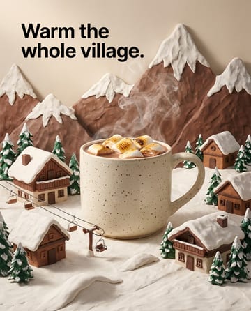 Clay diorama ad: a tiny clay alpine village in winter