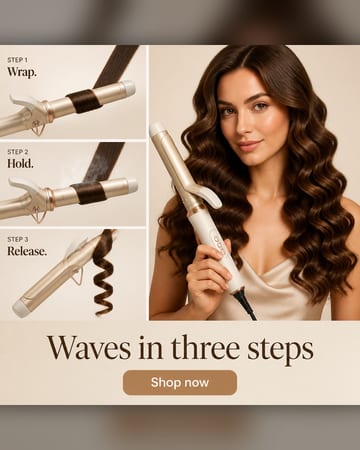 How-to ad: a curling iron in three step panels