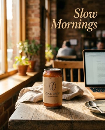 Lifestyle product photo: a cold-brew can on a sunlit cafe table