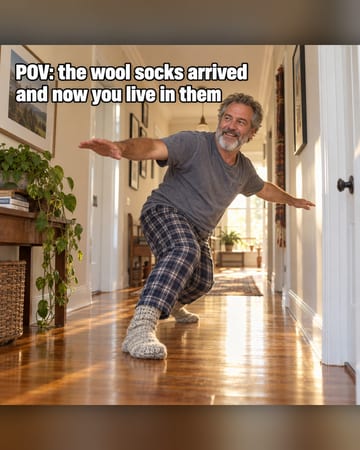Meme ad: a man sliding down a hallway in wool socks