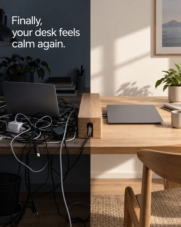 Problem solution ad: a desk of tangled cables, then a tidy desk