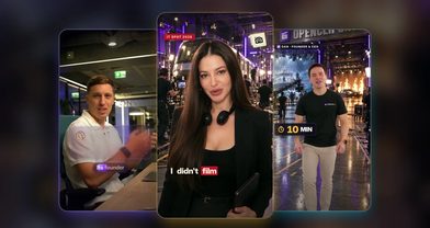 Three vertical frames from AI-made Reels: a founder talking at his desk, a presenter on a film set with a train behind her, and a founder walking through a studio with a storm ship and fire
