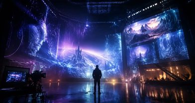 AI-generated key art of a dark film stage with many screens playing different renders at once