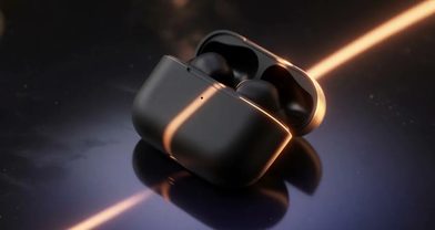 AI-generated product shot of a matte black earbud case on a dark reflective surface, lit by a single warm streak of light
