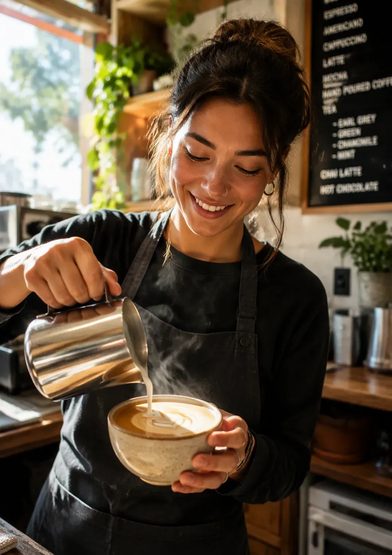 UGC-style vertical video frame of a coffee creator, generated on OpenClips.AI