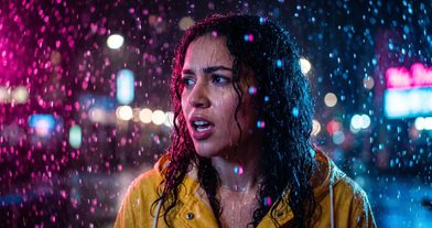 A woman with wet curly hair in a yellow raincoat speaking in the rain under pink and blue neon