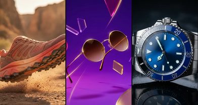 Three AI-generated product shots side by side: a trail running shoe kicking up dust, gold-rimmed sunglasses among floating glass shapes, and a steel dive watch with a blue dial