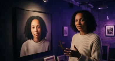A woman in a cream knit sweater gesturing as she speaks, beside a large framed portrait of herself in a dim purple-lit studio