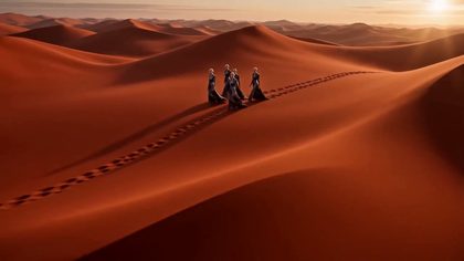 Four figures crossing red dunes