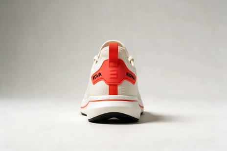 Running shoe heel view with the orange-red heel counter