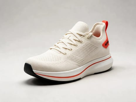 Running shoe three-quarter front view on studio grey