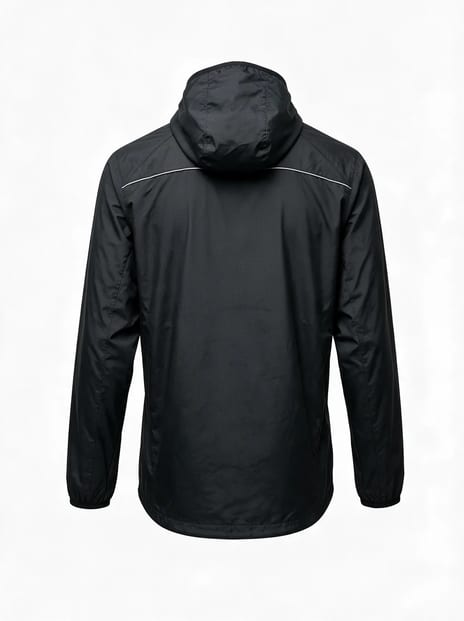 Ghost mannequin photo of a black running jacket, back view