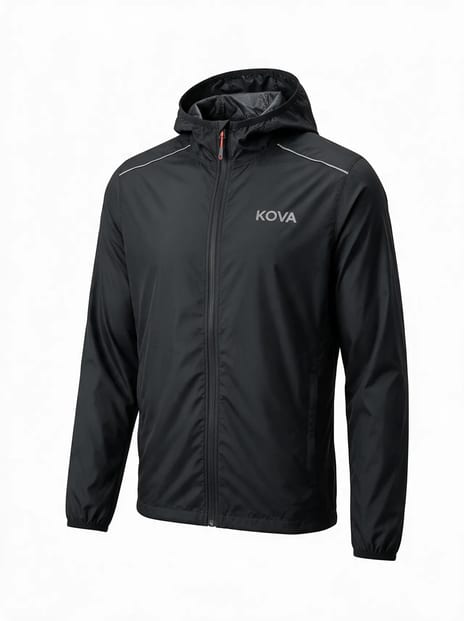 Ghost mannequin photo of a black running jacket, front view