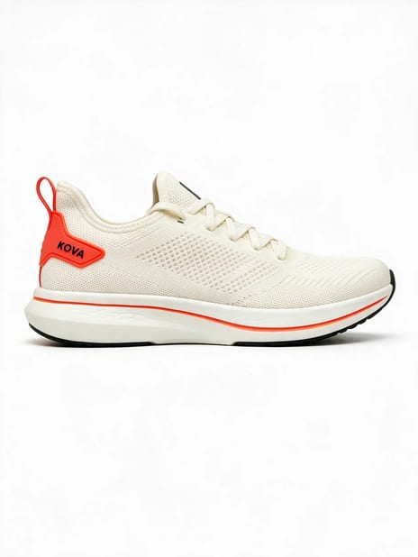White background packshot of a running shoe, side profile
