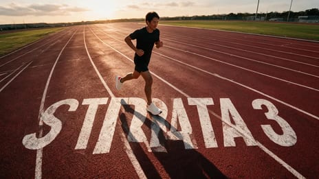 STRATA 3 painted on a running track with a runner crossing it