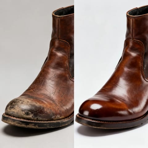 A scuffed leather boot beside the same boot polished, split frame.
