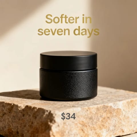 Matte black jar on stone, headline "Softer in seven days".