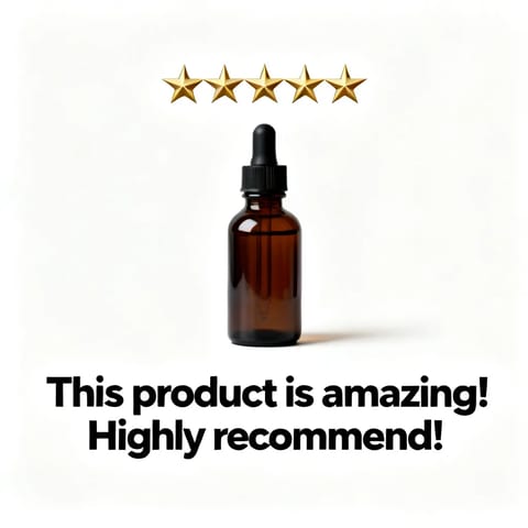 Five gold stars over an amber dropper bottle and a quote.