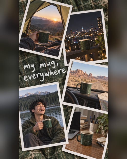 Photo dump ad: five snapshots of one mug everywhere
