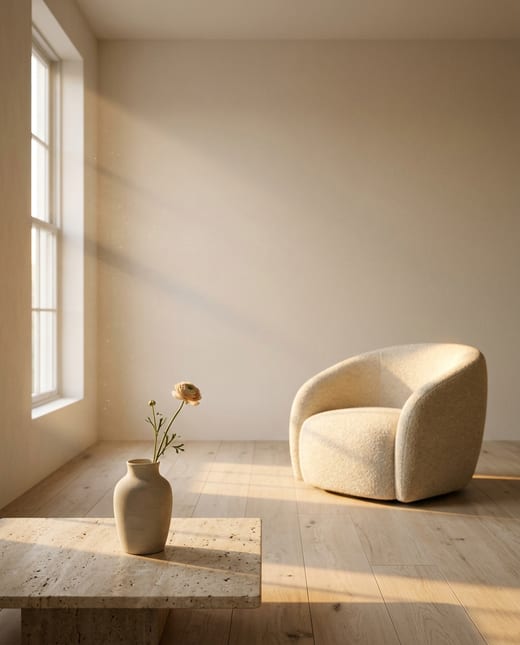 Editorial interior: a boucle armchair in a sunlit pale room