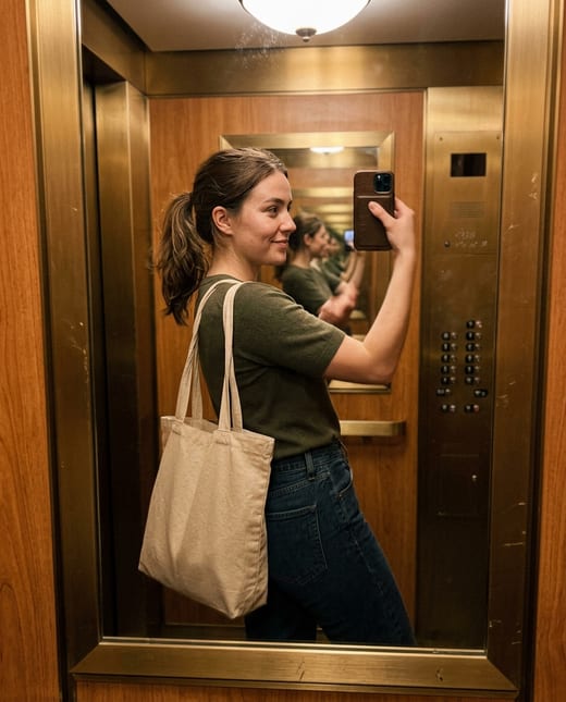 Influencer photo: a candid elevator mirror selfie with a tote bag