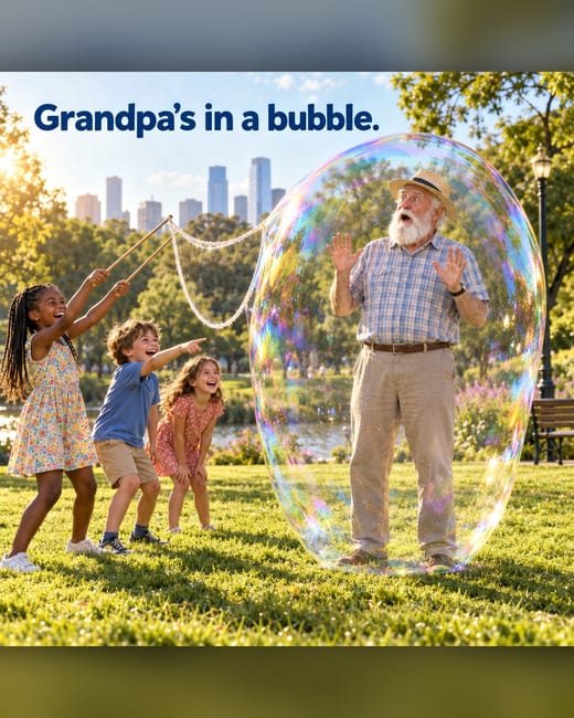 Funny ad: a grandfather wrapped inside a giant soap bubble