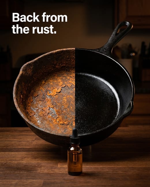 Before and after ad: a rusty cast-iron skillet, then restored