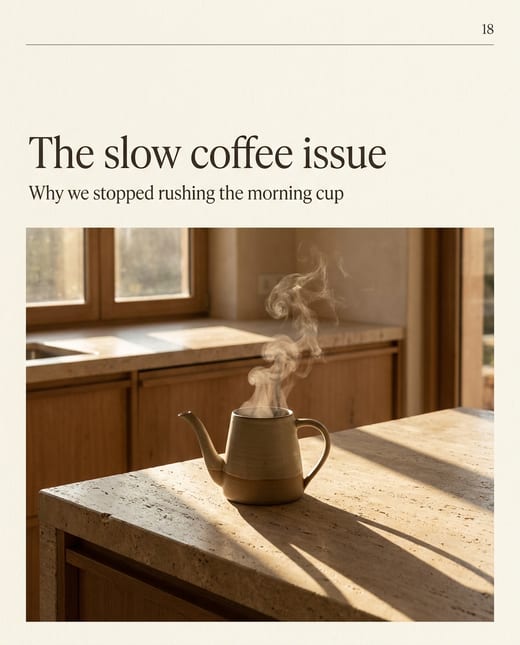 Magazine feature ad: a ceramic pour-over kettle steaming on a sunlit counter