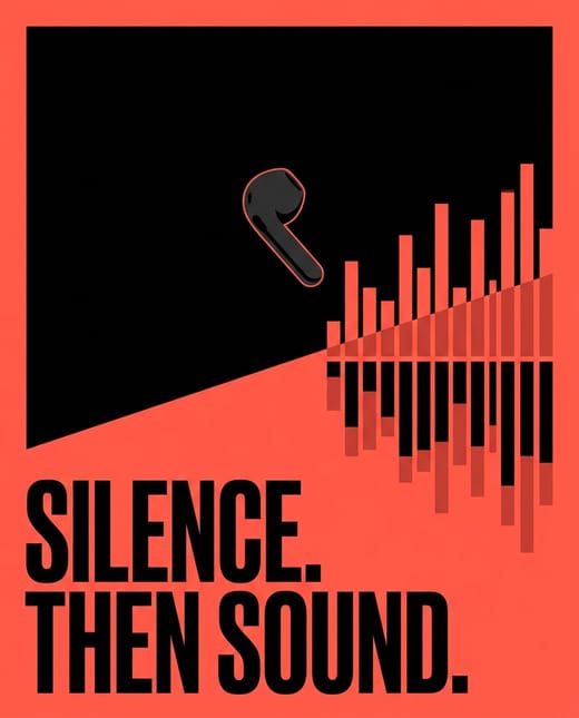 Typography poster: one earbud dropping into colourful equalizer bars