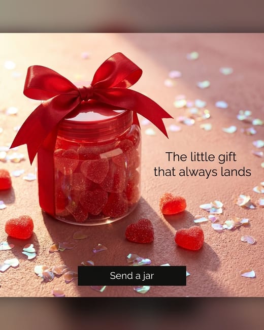 Gift ad: a gummy candy jar with a red bow