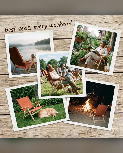 Photo dump ad: five snapshots of a camp chair on weekends