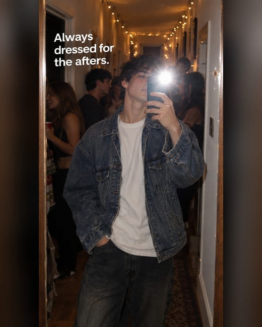 Influencer photo: a flash mirror selfie in a denim jacket