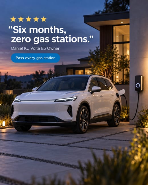 Owner review ad for an electric SUV with five stars