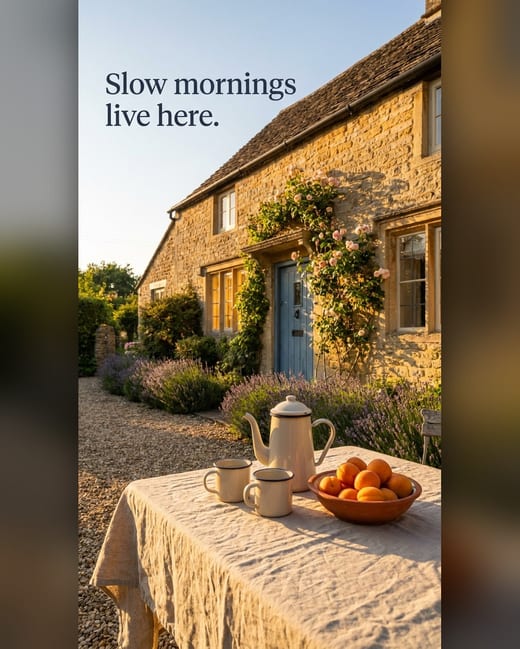Holiday let ad: a stone cottage and a breakfast table at sunset