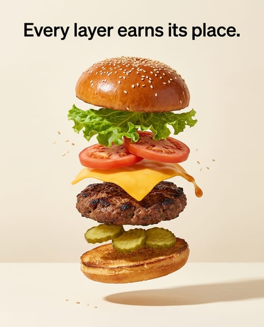 Exploded view: the layers of a burger floating apart