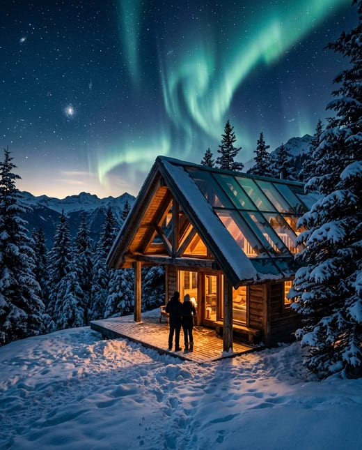 Holiday ad: a glass-roofed alpine cabin under the northern lights