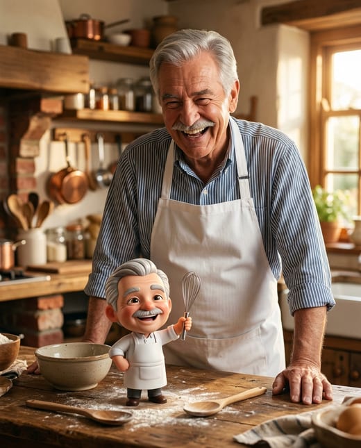 Mini-me photo: a chef in a home kitchen beside his 3D mini-me