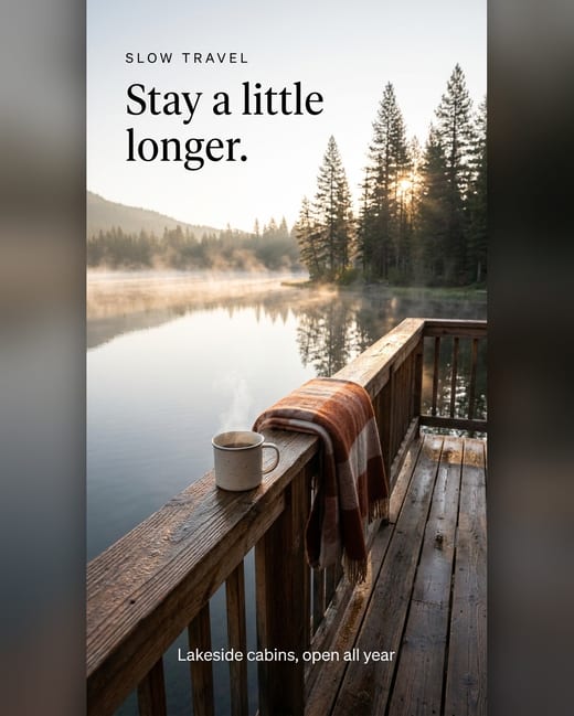 Editorial scene: a lakeside cabin deck at dawn with a steaming mug