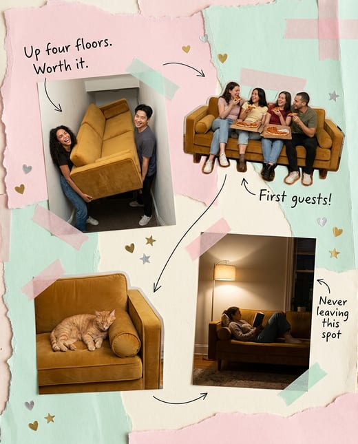 Scrapbook ad: snapshots of a mustard velvet sofa in a first flat