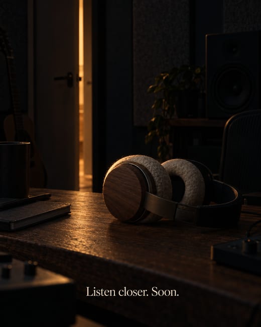 Teaser ad: headphones in a dark studio in a sliver of light