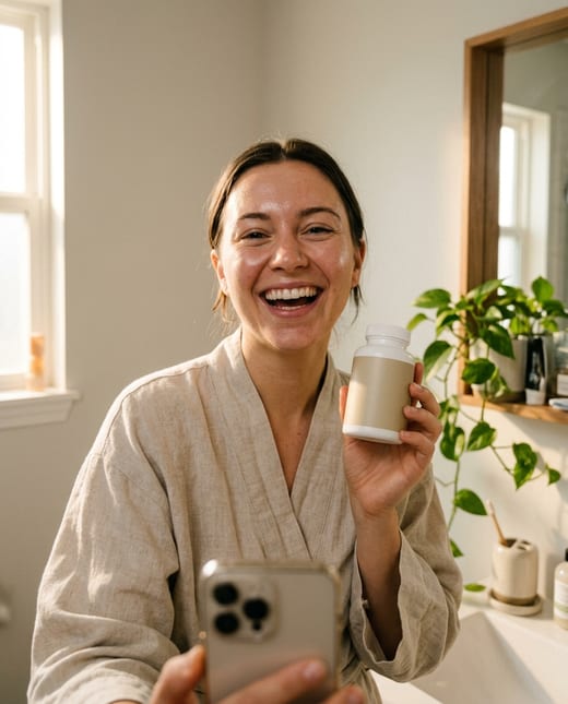 Influencer photo: a mirror selfie holding a supplement in a bathroom