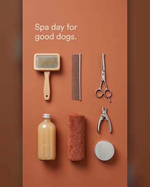Knolling photo: a dog grooming kit on terracotta
