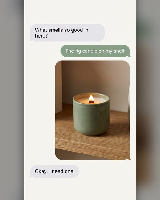 Notes app ad: a chat thread about a fig candle