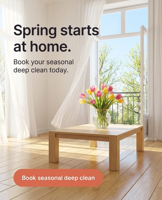 Spring cleaning ad: open windows, tulips and a tidy room