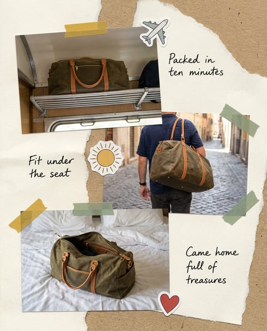 Scrapbook ad: a travel page with a duffel bag
