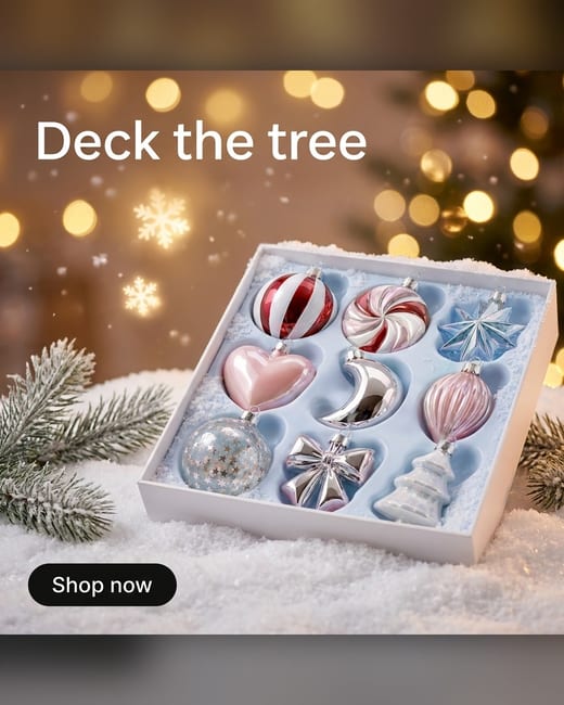 Holiday ad: a boxed ornament set on snow with bokeh lights