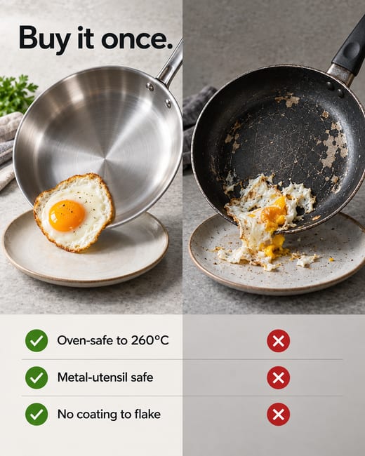 Us vs them ad: a steel frying pan against a non-stick pan