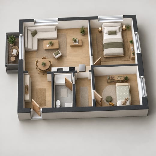 3D floor plan: a two-bedroom family flat in warm Japandi style