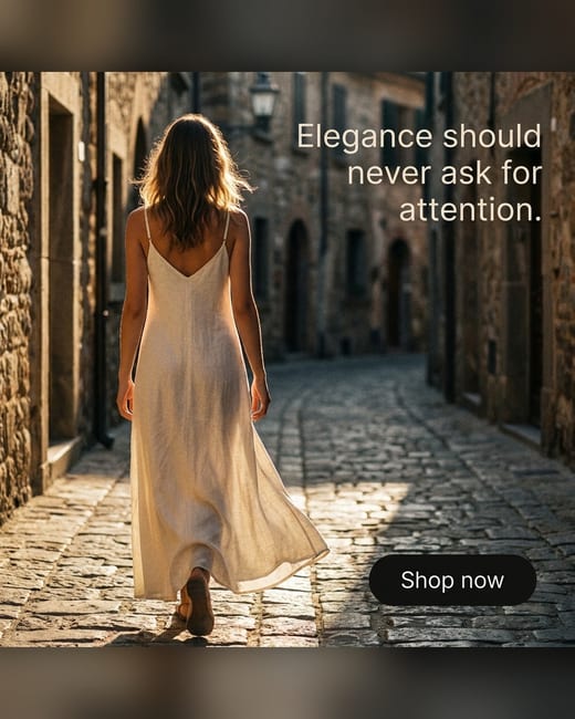 Editorial ad: a woman in a linen slip dress in an alley